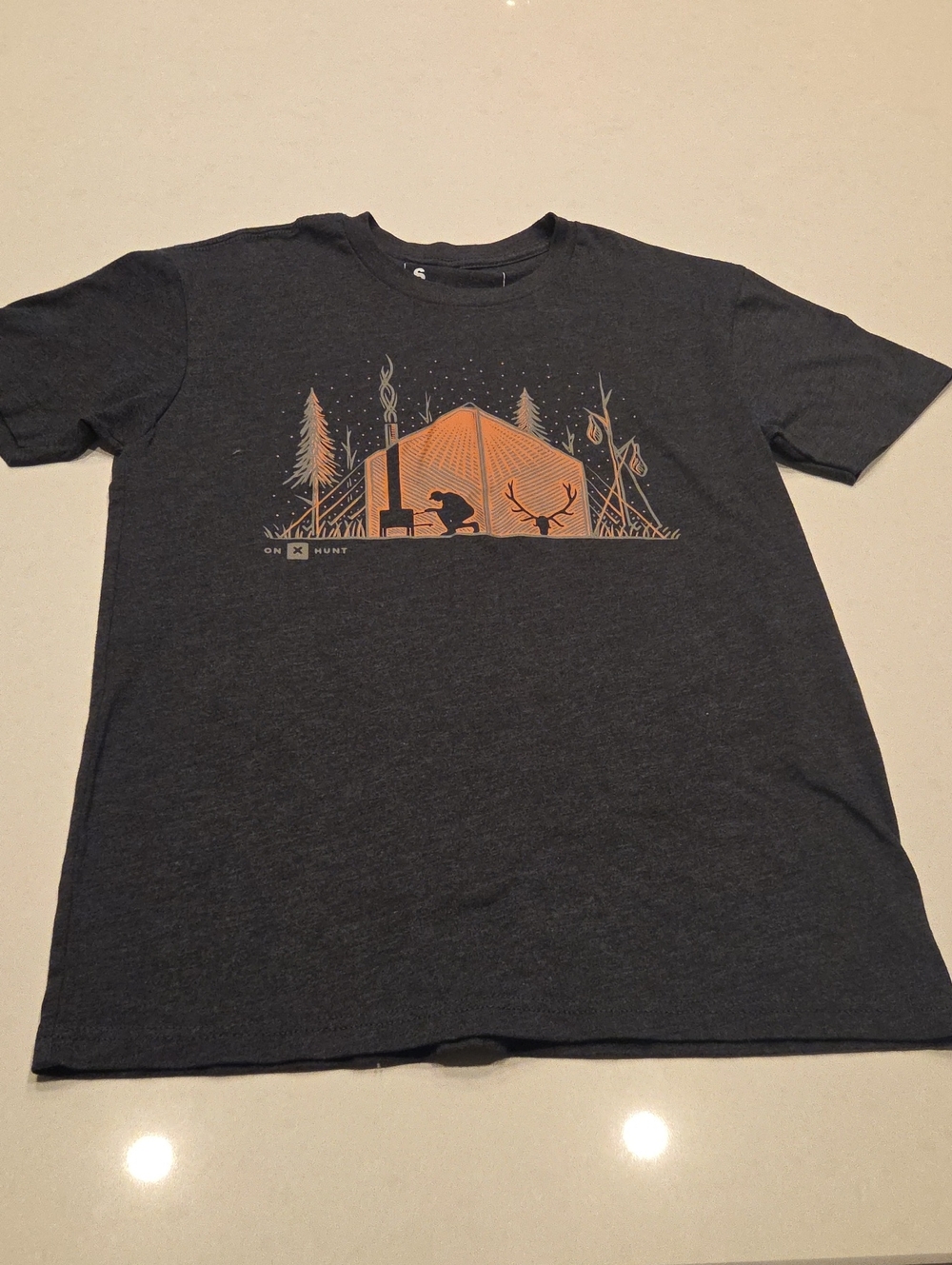 Men's Charcoal Graphic Camping Tee with Orange Tent Illustration
